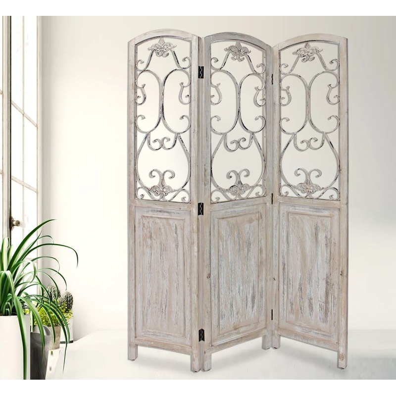 Romantic Whitewashed Scroll Three Panel Room Divider Screen By Homeroots