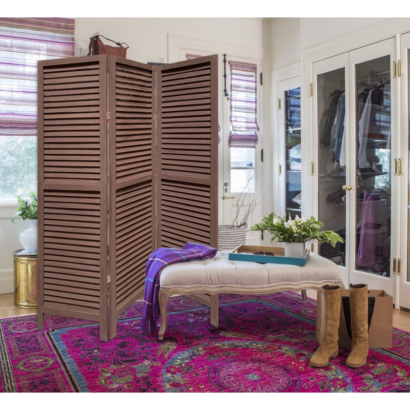 Stylish Three Panel Washed Brown Shutter Divider Screen By Homeroots