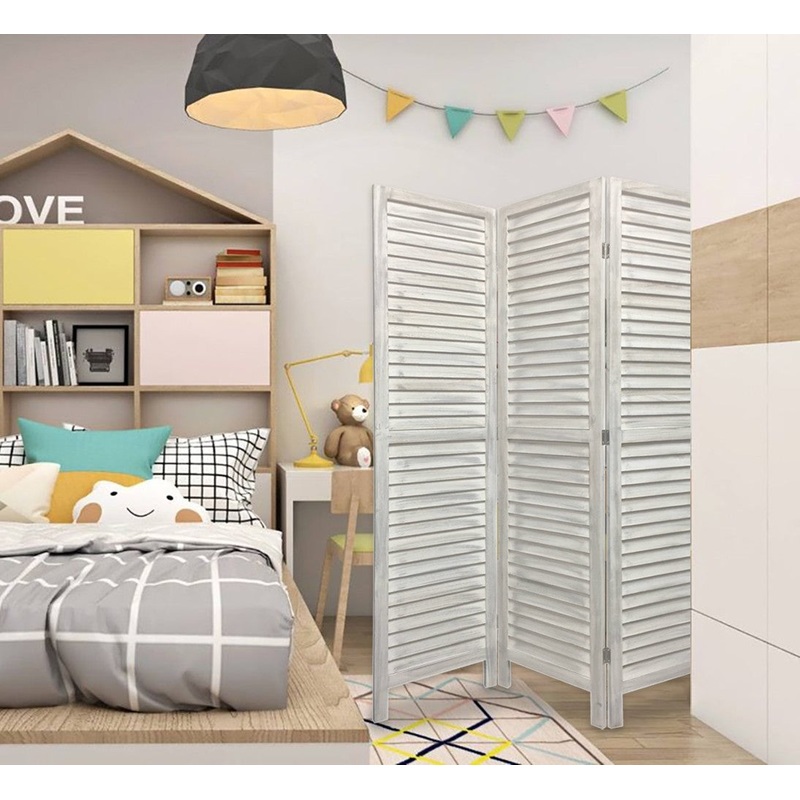 Stylish Three Panel Washed White Shutter Divider Screen By Homeroots