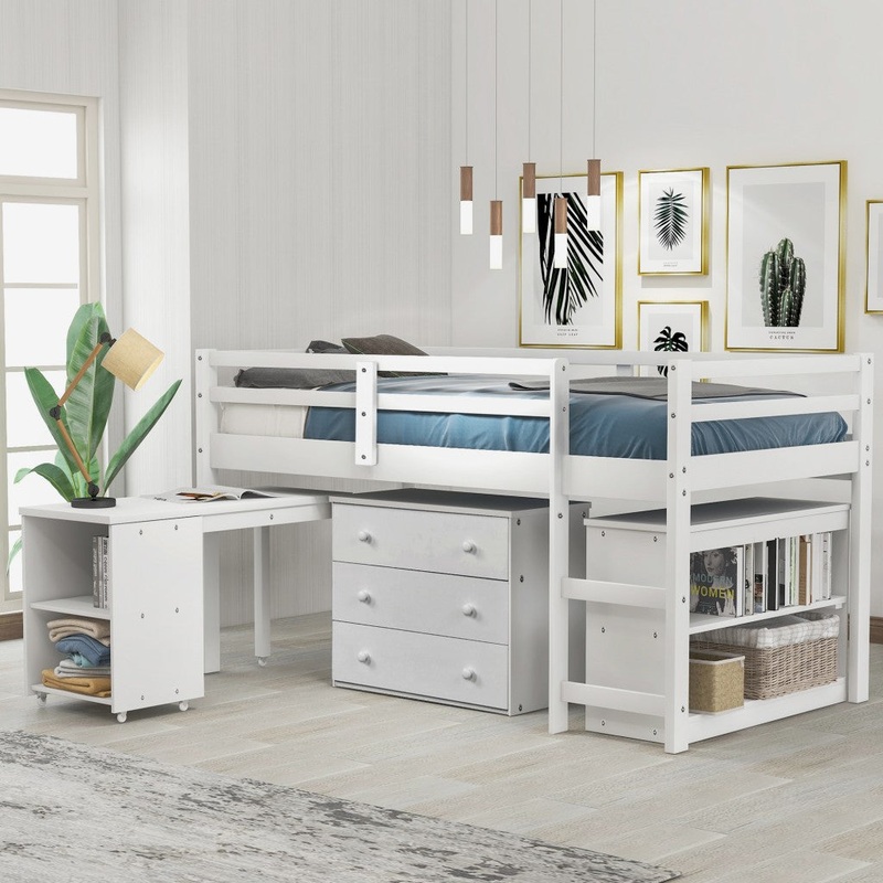 White Low Twin Loft Bed With Cabinet And Desk By Homeroots