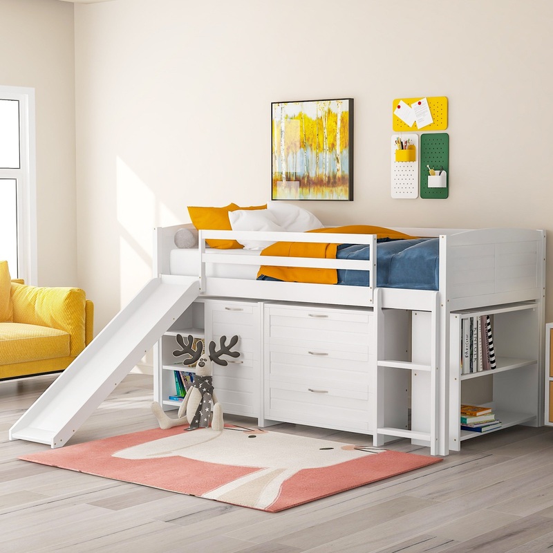 White Twin Size Low Loft Bed With Cabinets And Slide By Homeroots