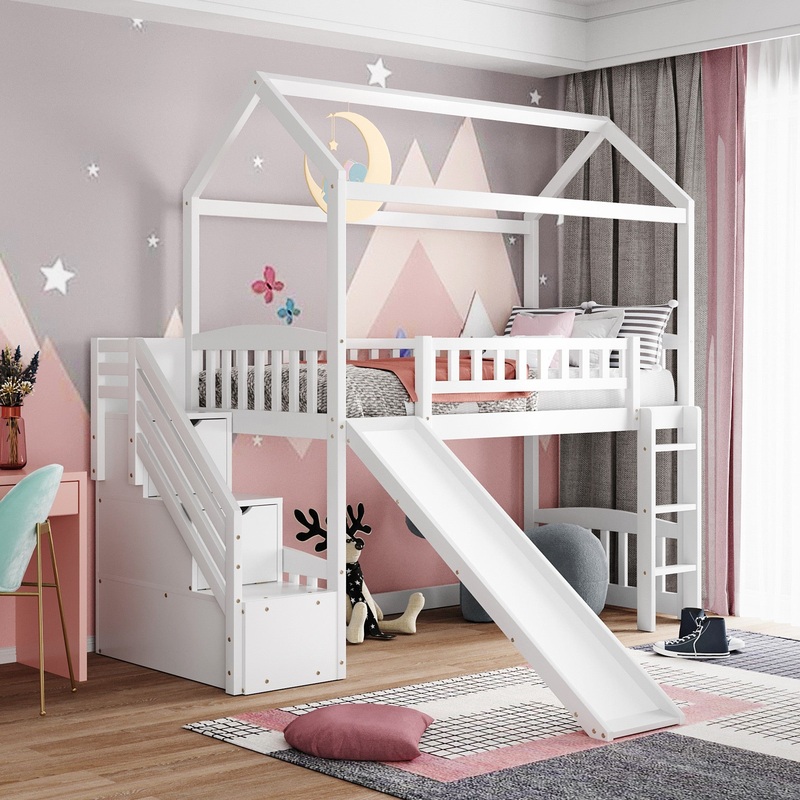 White Twin Size Playhouse Loft Bed With Drawers And Slide By Homeroots