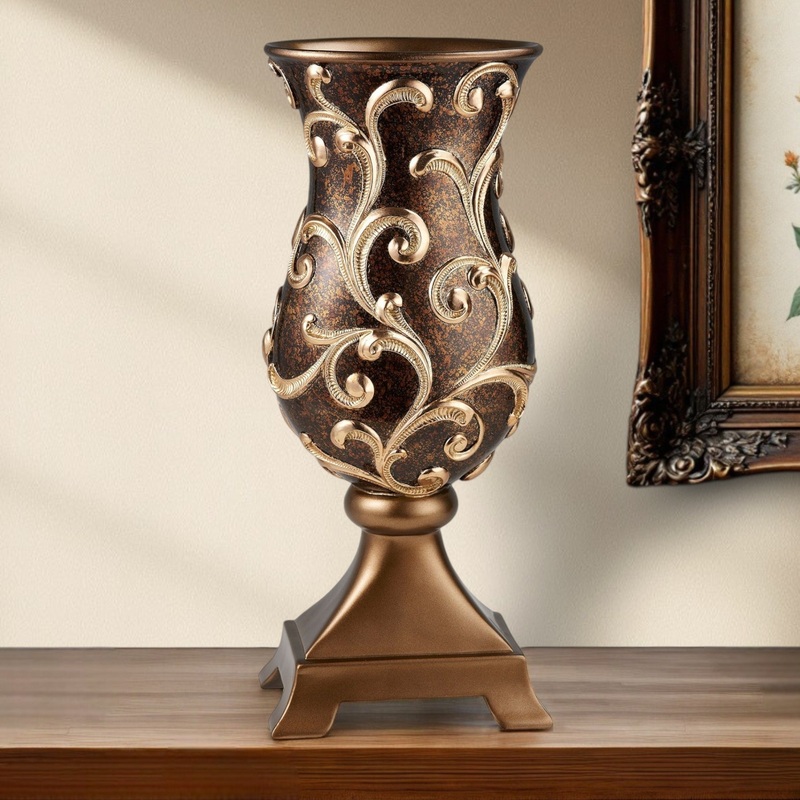 Espresso and Gold Floral Urn Polyresin Table Vase By Homeroots