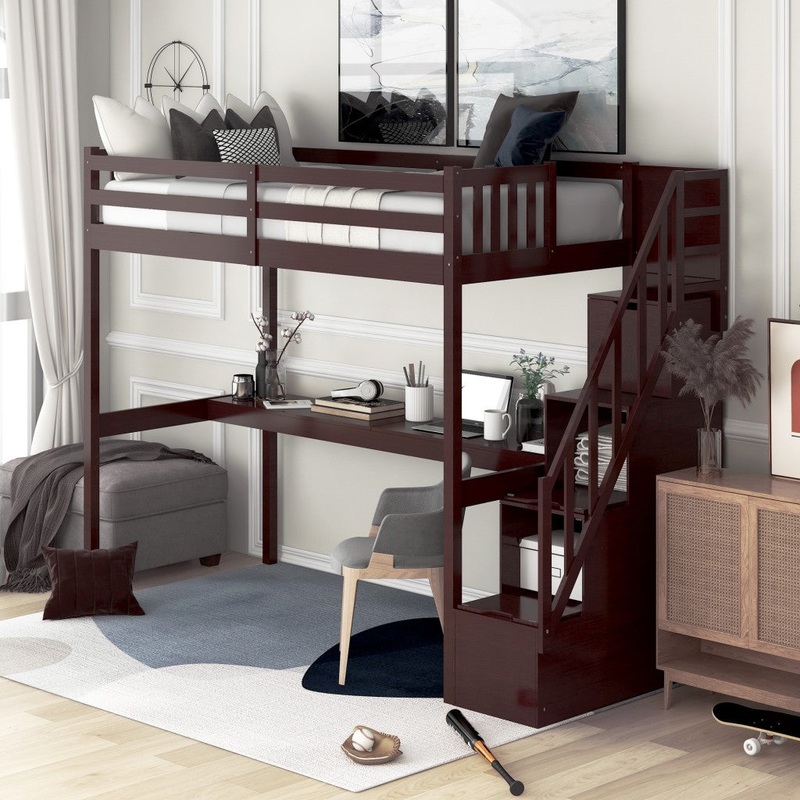 Espresso Twin Size Loft Bed With Built In Desk And Stairway By Homeroots