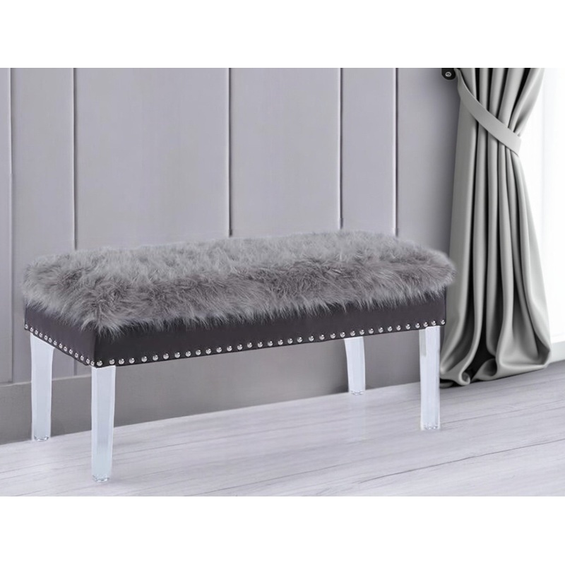 Gray and Clear Faux Fur Upholstered Storage Bench with Flip Top By Homeroots