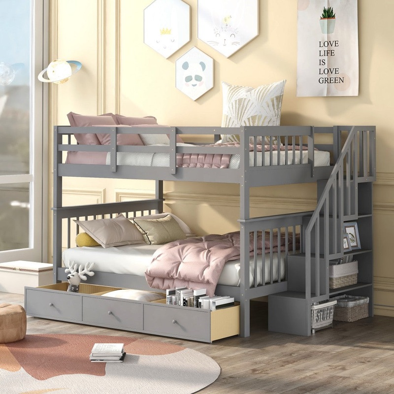 Gray Double Full Size Stairway Bunk Bed With Drawer By Homeroots