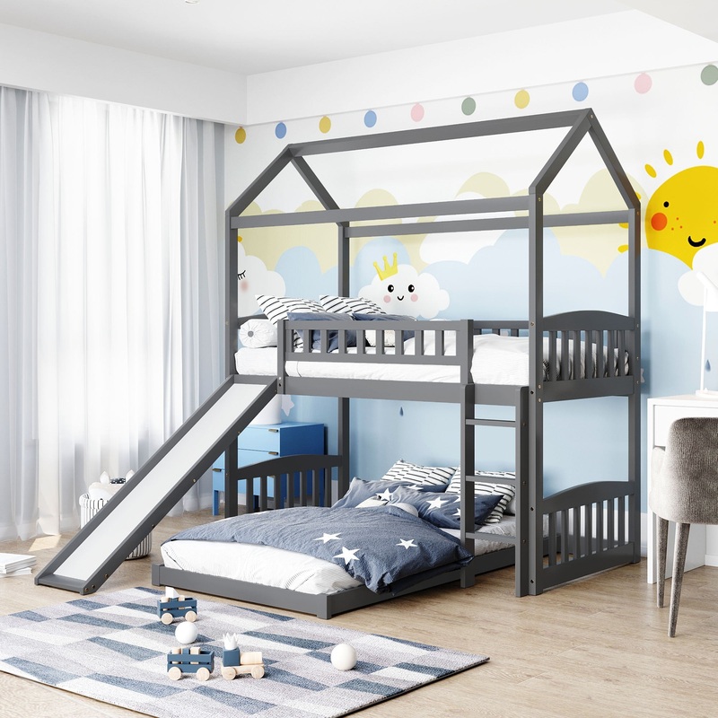 Gray Playhouse Frame Full Over Full Perpendicular Bunk Bed With Slide By Homeroots