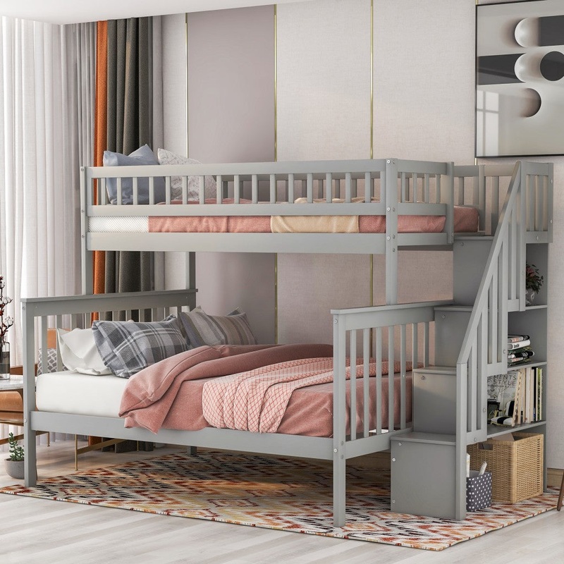 Gray Twin Over Full Farmhouse Style Bunk Bed With Staircase By Homeroots