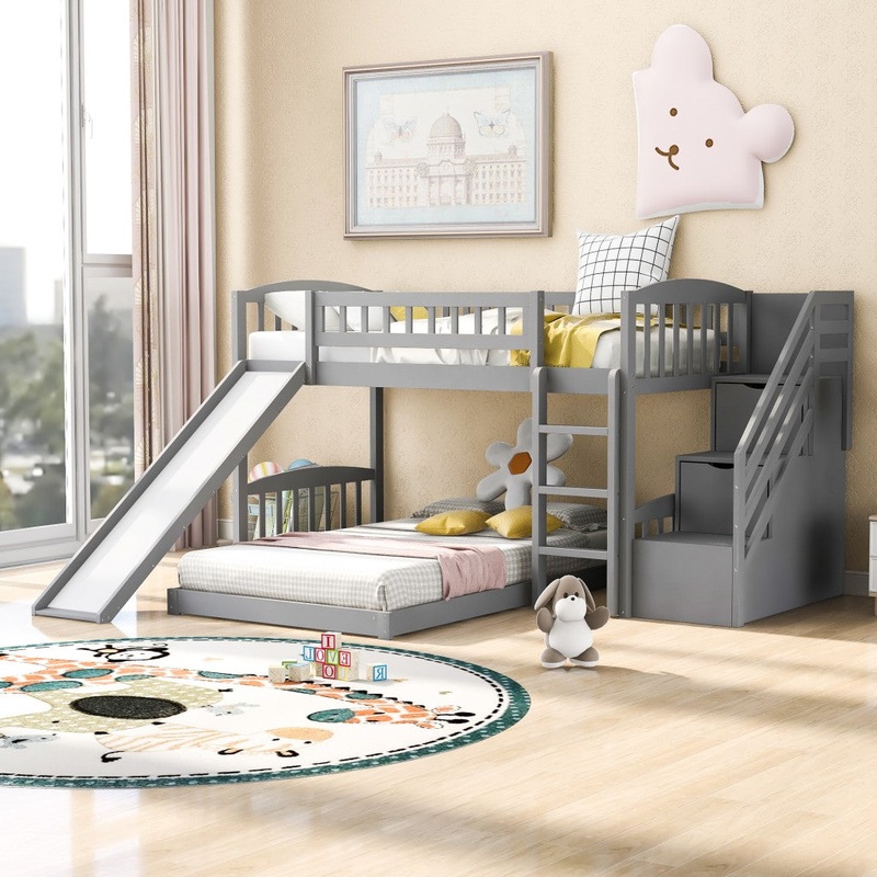 Gray Twin Over Twin Perpendicular Bunk Bed With Storage Stairs And Slide By Homeroots