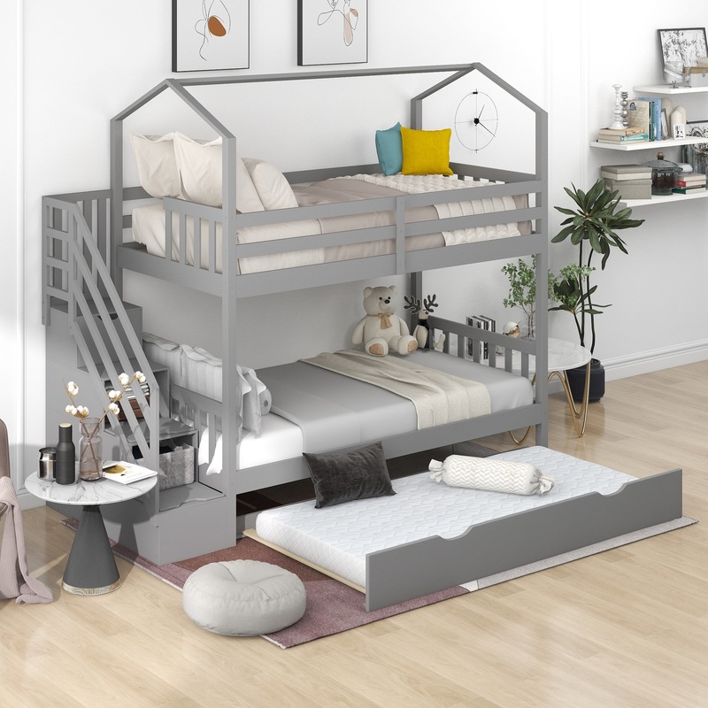 Gray Twin Over Twin Playhouse Bunk Bed With Trundle And Staircase By Homeroots