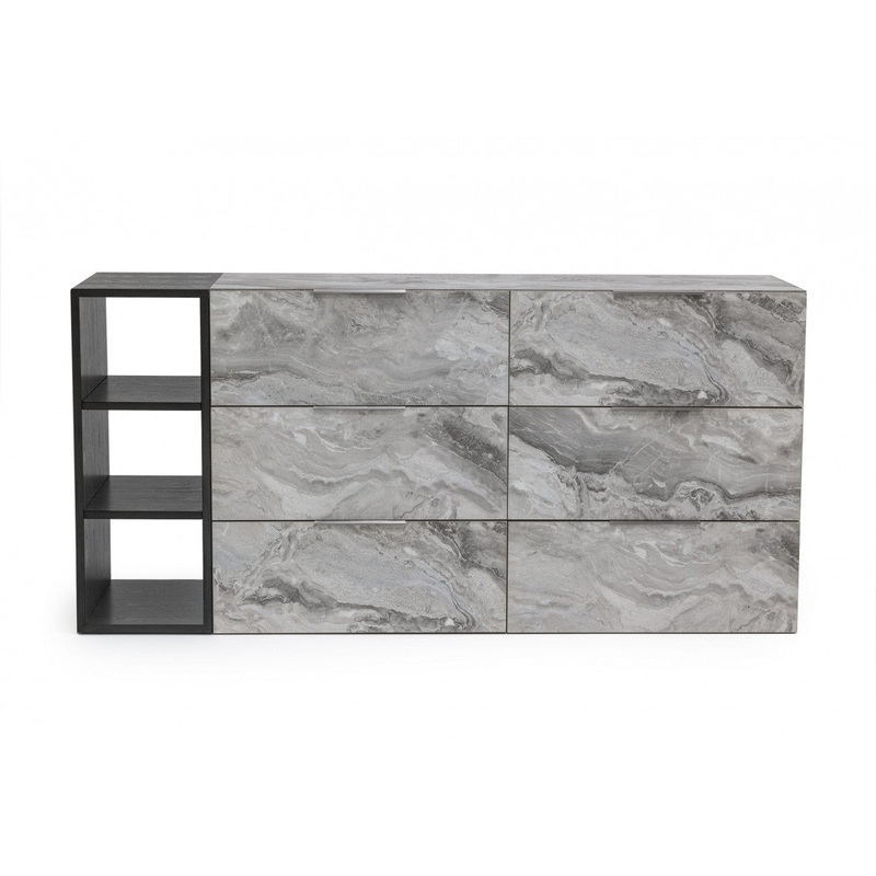 Grey Faux Marble and Black Wood Six Drawer Double Dresser By Homeroots