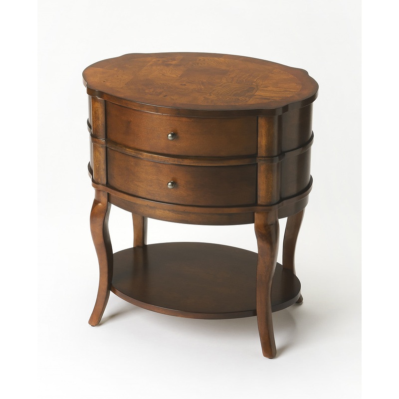 Medium Brown And Umber Solid And Manufactured Wood Oval End Table With Two Drawers And Shelf By Homeroots