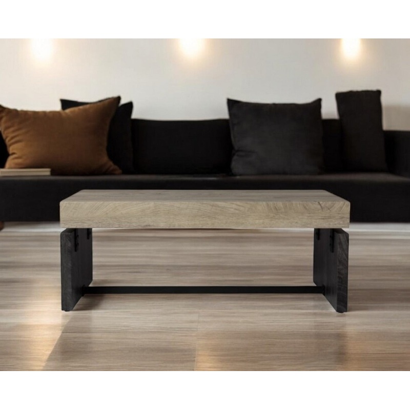 Natural And Black Chunky Wood With Iron Coffee Table By Homeroots