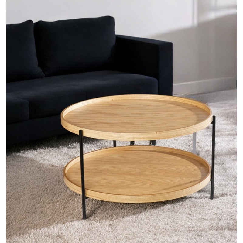 Natural and Black Wood and Metal Round Coffee Table By Homeroots