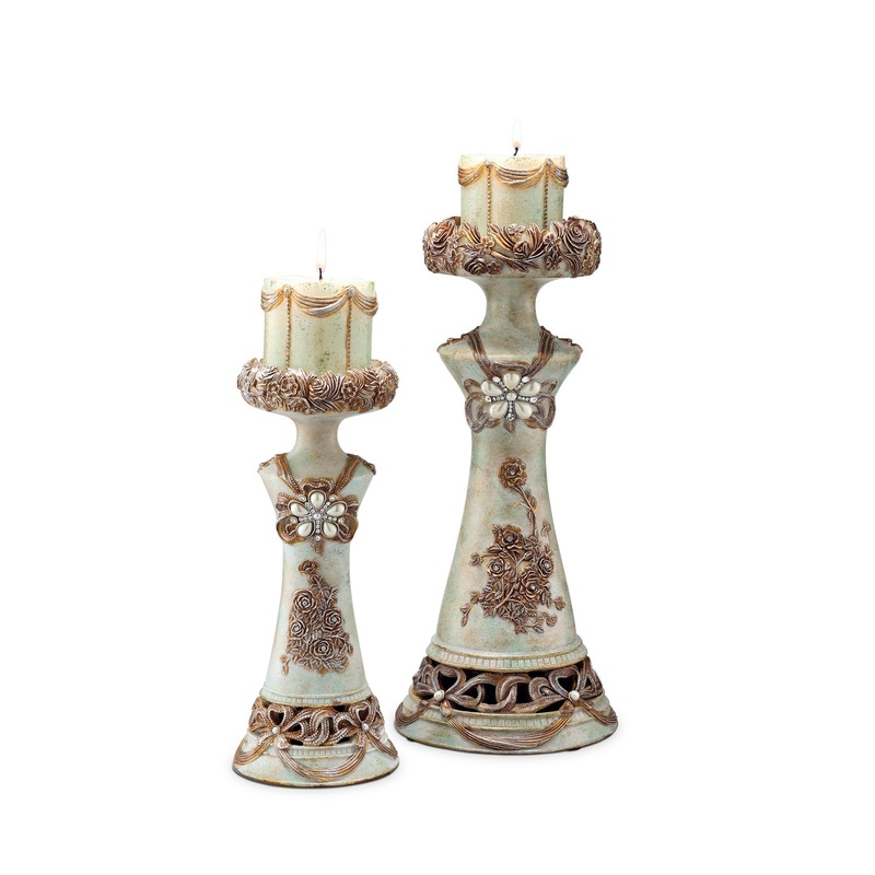 Set of 2 Beige And Brown Vintage Pillar Tabletop Candle Holders By Homeroots