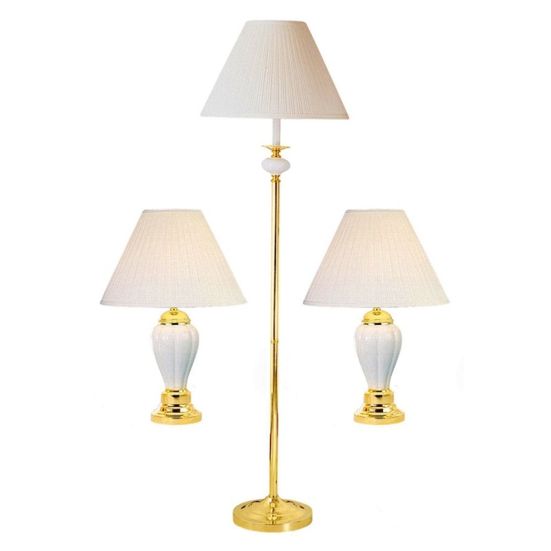 Set Of Three Gold and White Ceramic Bedside Floor and Table Lamp Set With Off White Empire Shade By Homeroots