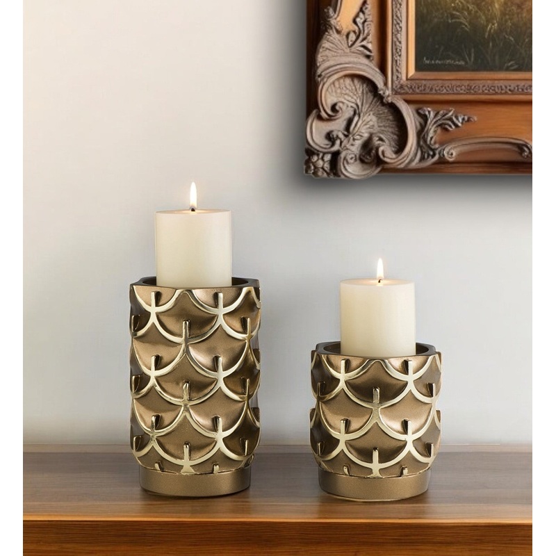 Set Of Two Antiqued Brass Tabletop Pillar Candle Holders By Homeroots