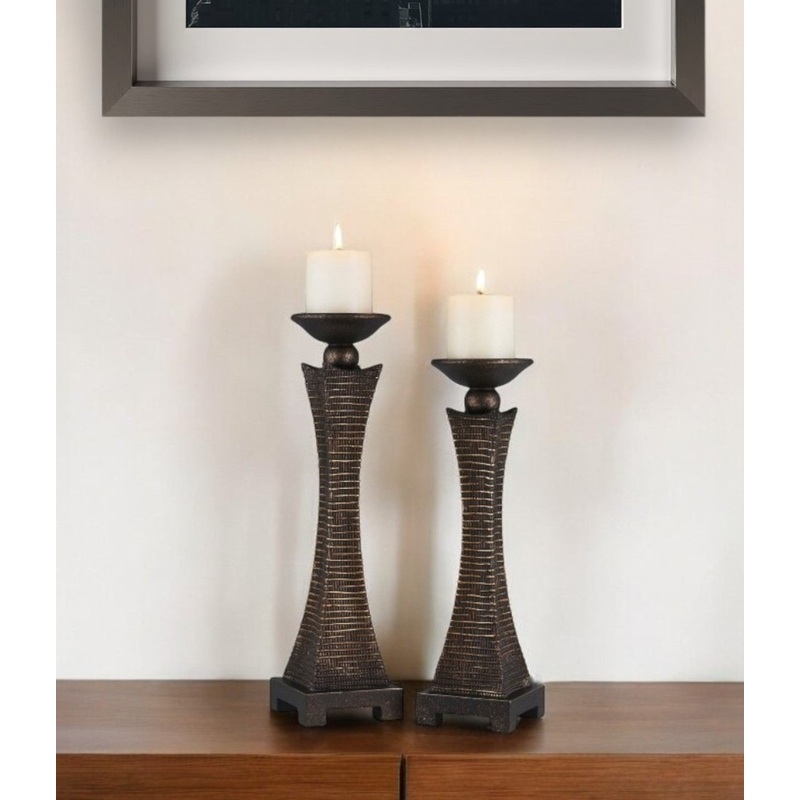 Set of Two Bronze Polyresin Woven Tabletop Pillar Candle Holders With Candle By Homeroots
