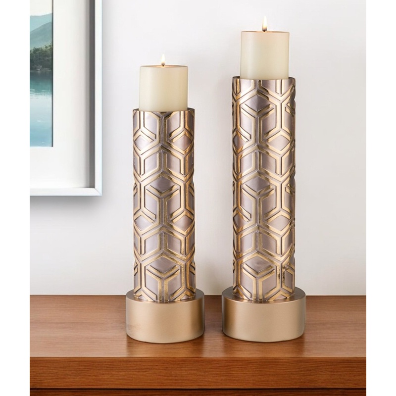 Set Of Two Gold Tabletop Pillar Candle Holders By Homeroots