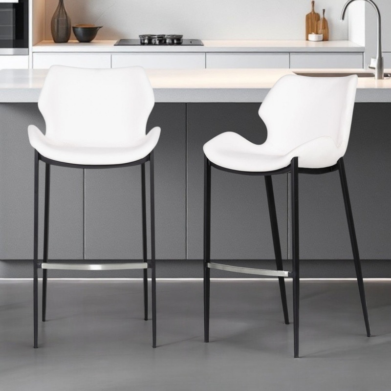 Set of Two White and Black Faux Leather and Steel Low Back Bar Height Bar Chairs By Homeroots