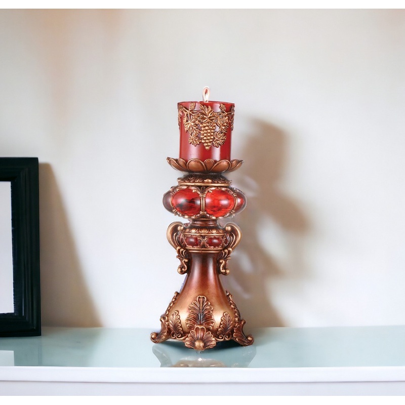 Tall Red and Brown Faux Marble Candle Holder with Candle By Homeroots