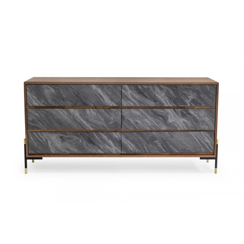 Walnut And Grey Faux Marble Wood Six Drawer Double Dresser By Homeroots