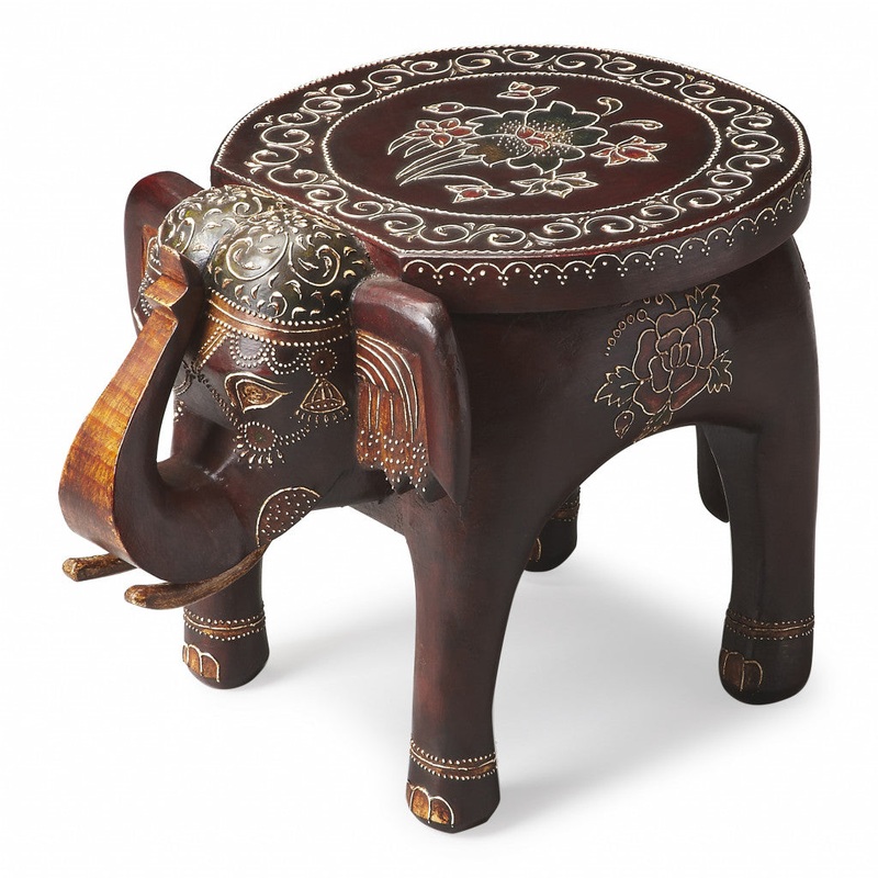 Warm Brown Hand Painted Floral 3D Elephant End Table By Homeroots
