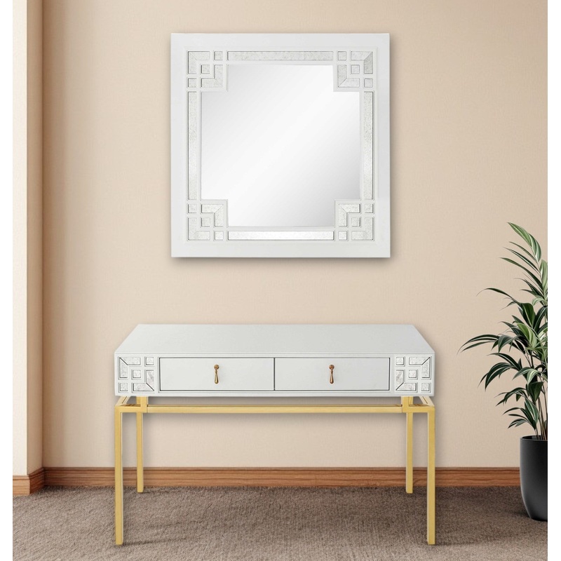 White and Gold Mirrored Wood Console Table With Two Drawers By Homeroots