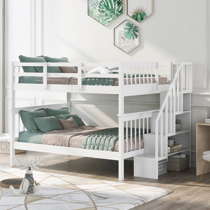 White Double Full Size Stairway Bunk Bed By Homeroots