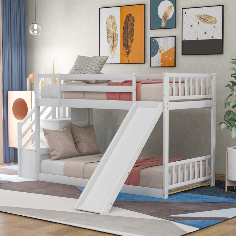 White Twin Over Twin Bunk Bed With Stairway And Slide By Homeroots