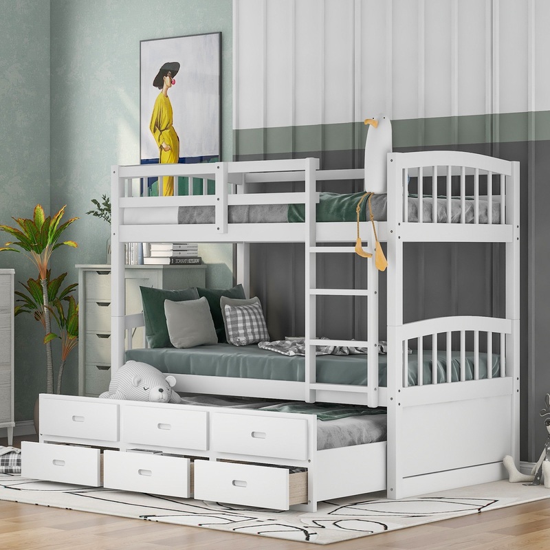 White Twin Over Twin Bunk Bed With Trundle And Drawers By Homeroots