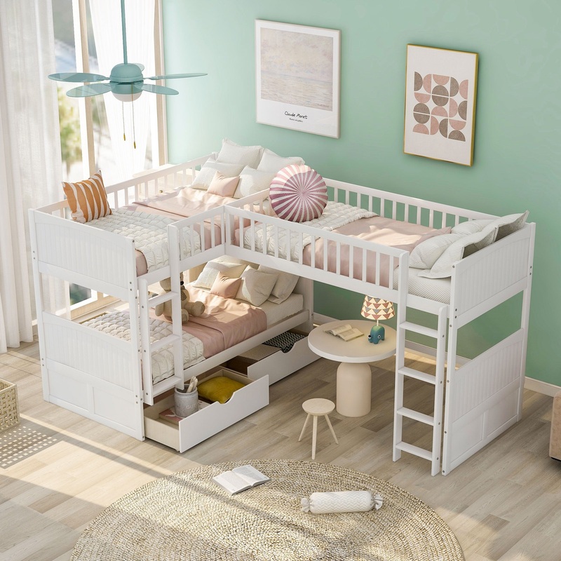 White Twin Size Bunk Bed With Attached Loft Bed And Drawers By Homeroots