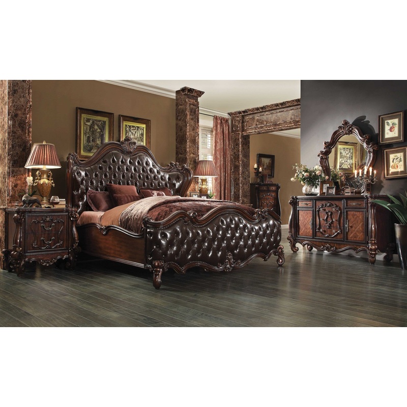 2-Tone Dark Brown PU Cherry Oak Wood Poly Resin Upholstery Eastern King Bed By Homeroots