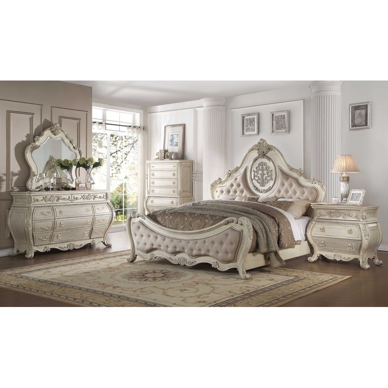 Beige Linen Antique White Wood Upholstery Queen Bed By Homeroots