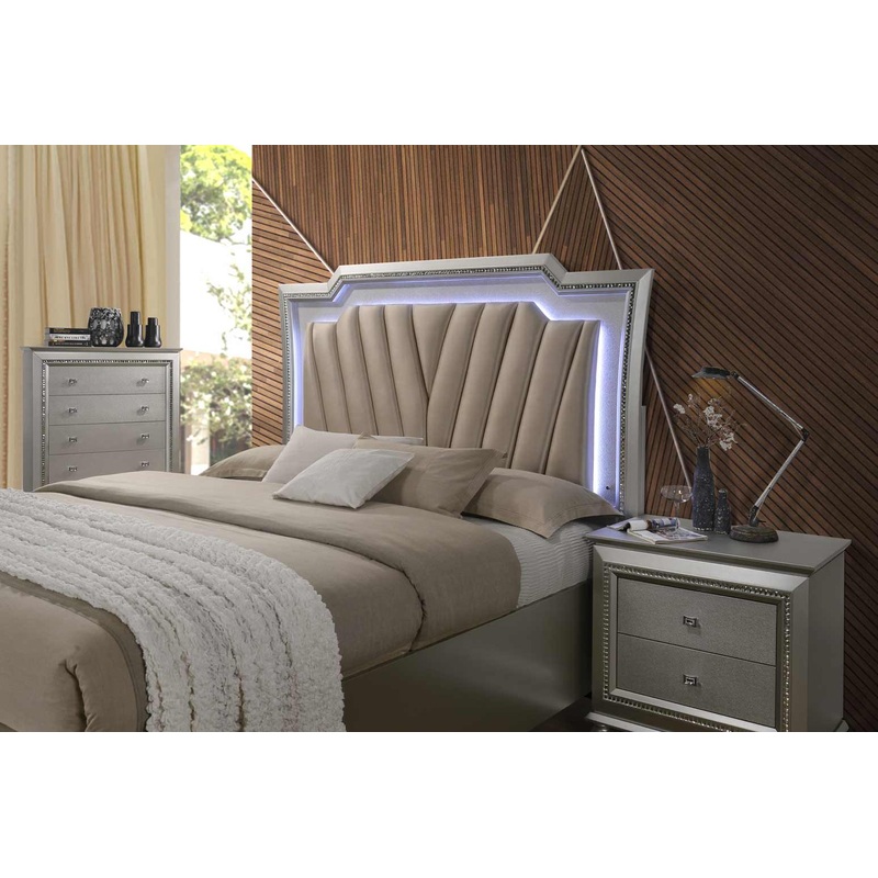 Pu Champagne Wood Upholstered Hb Led Queen Bed By Homeroots