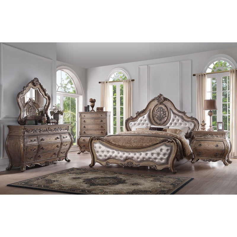 Pu Vintage Oak Wood Upholstery King Bed By Homeroots