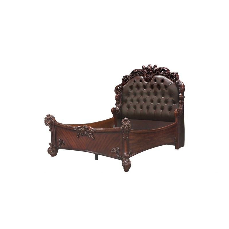 Queen Size Elaborately Carved Cherry Wood Finish Bed With Tufted Dark Faux Leather Headboard By Homeroots