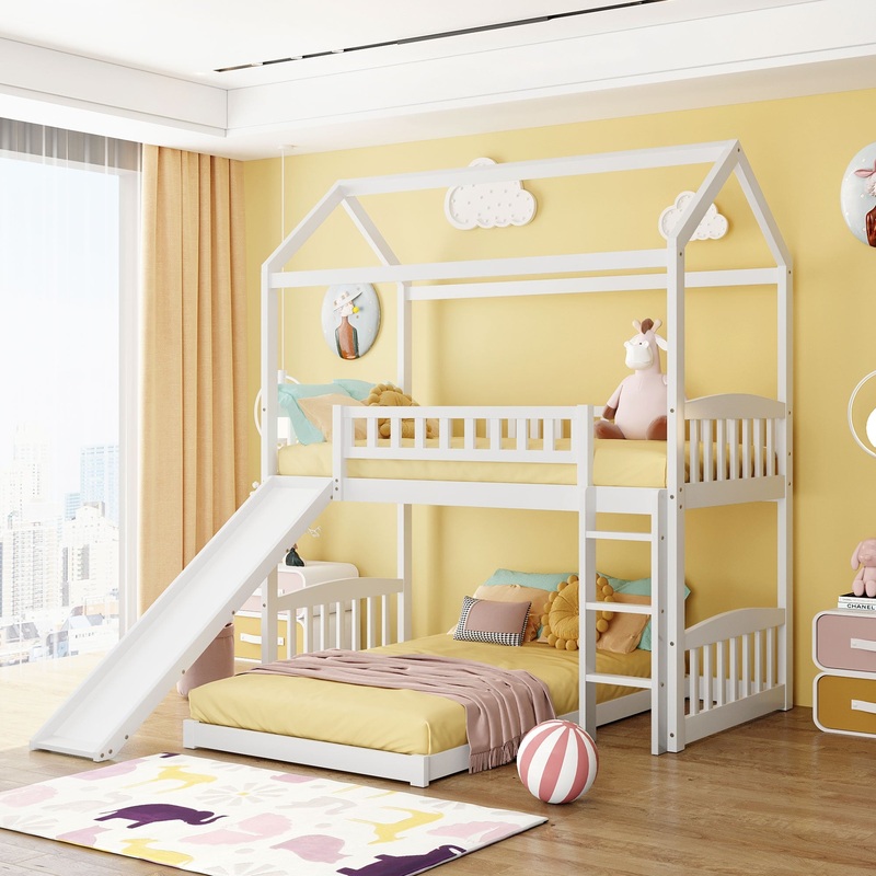 White Playhouse Frame Full Over Full Perpendicular Bunk Bed With Slide By Homeroots
