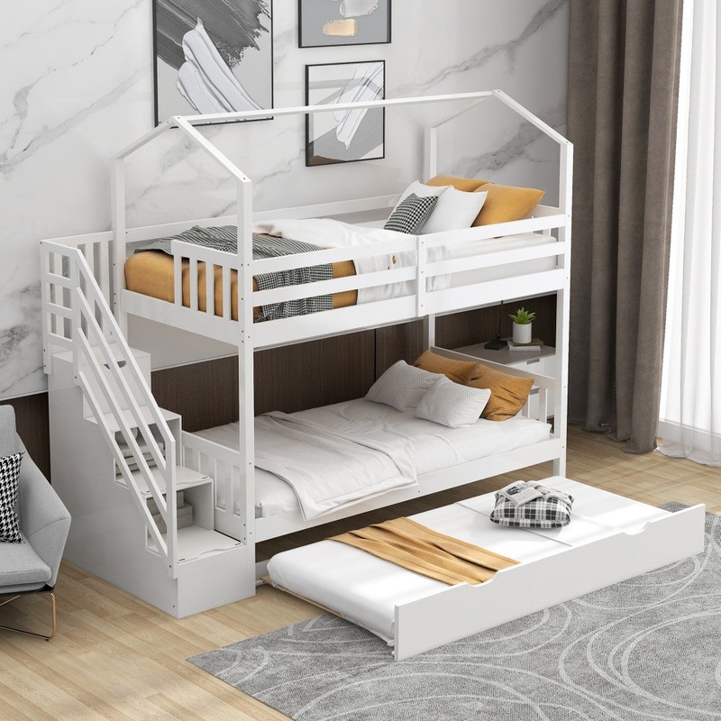 White Twin Over Twin Playhouse Bunk Bed With Trundle And Staircase By Homeroots