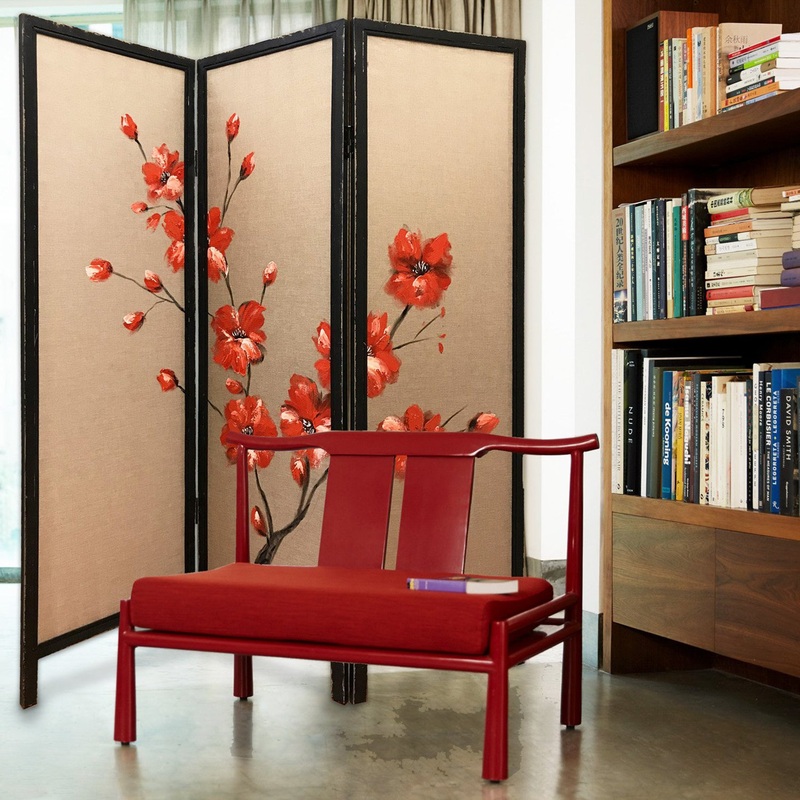 Brown Fabric And Wood Blooming 3 Panles Screen By Homeroots