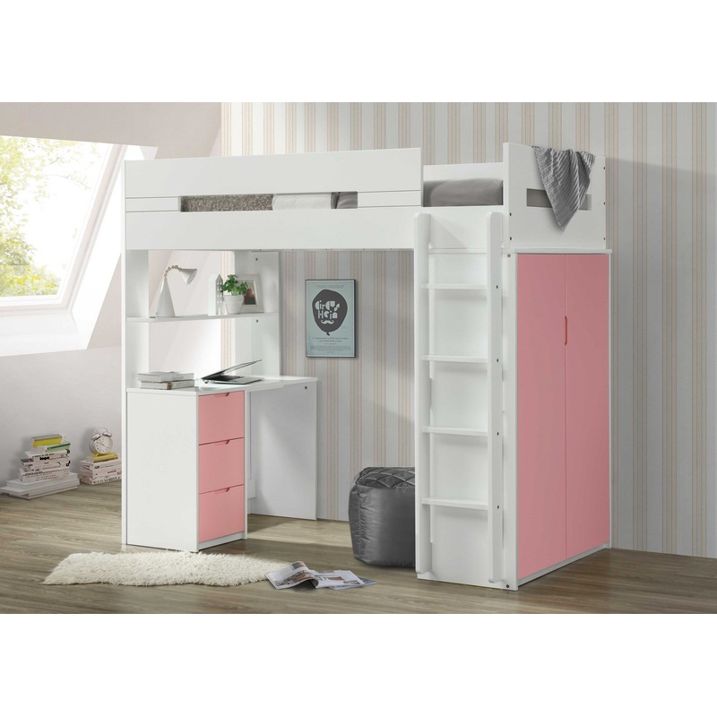White And Pink Twin Loft Bed And Desk By Homeroots