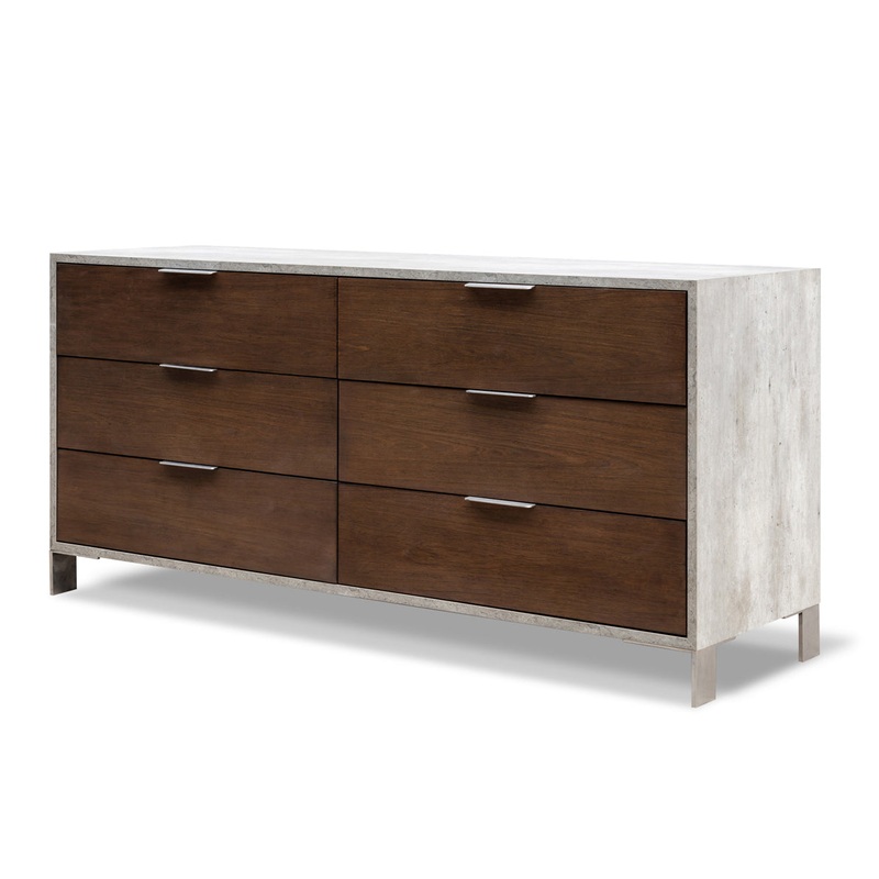 30' Dark Walnut Veneer Steel And Concrete Dresser With 6 Drawers By Homeroots