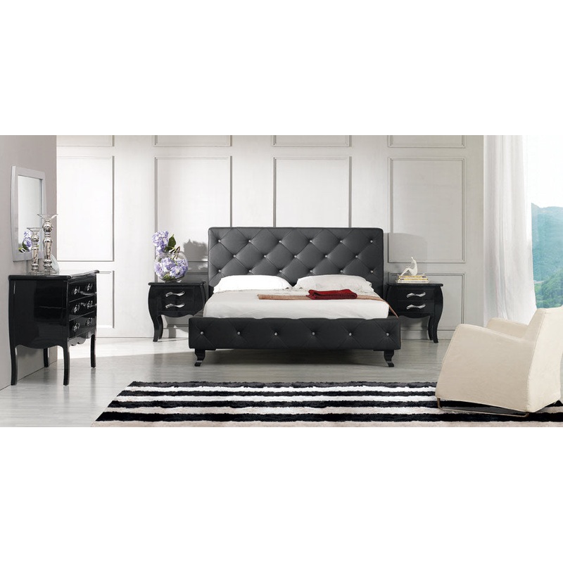 48' Black Leatherette And Mdf Queen Bed With Crystals By Homeroots