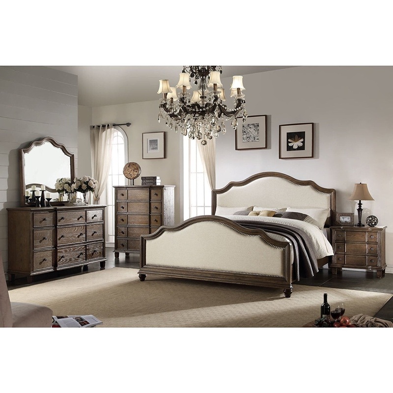 Beige Linen And Weathered Oak Queen Bed By Homeroots