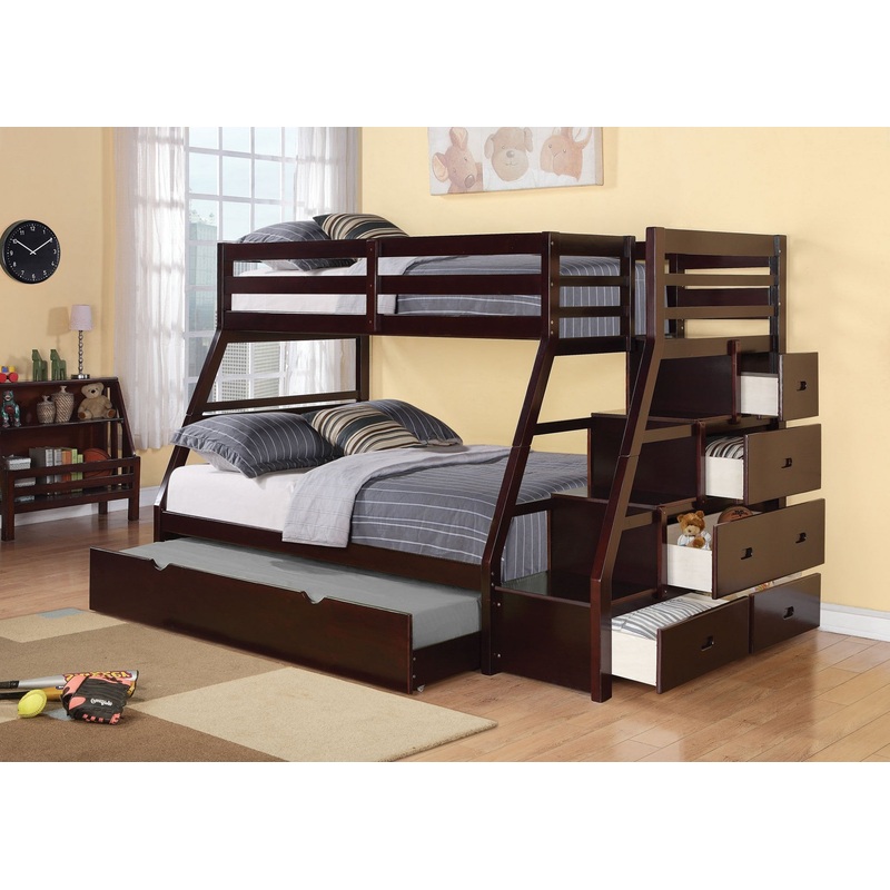Espresso Pine Wood Bunk Bed Twin-Full With Trundle By Homeroots