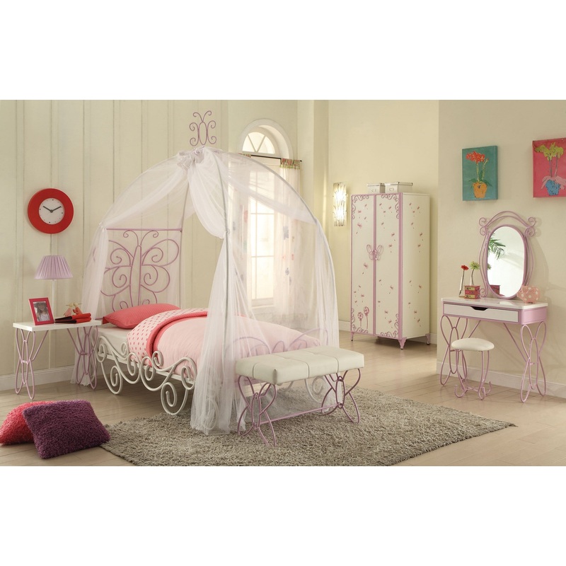 Full White And Light Purple Metal Tube Bed With Canopy By Homeroots