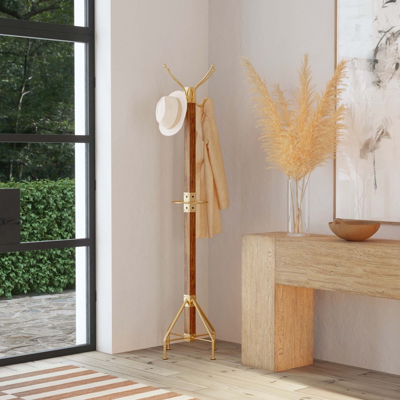Logan Square Wood & Antique Gold Coat Rack Tree By Homeroots