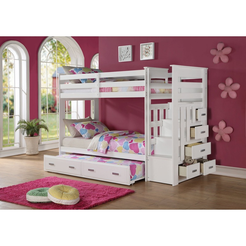 Twin Over Twin White Storage Ladder And Trundle Bunk Bed By Homeroots