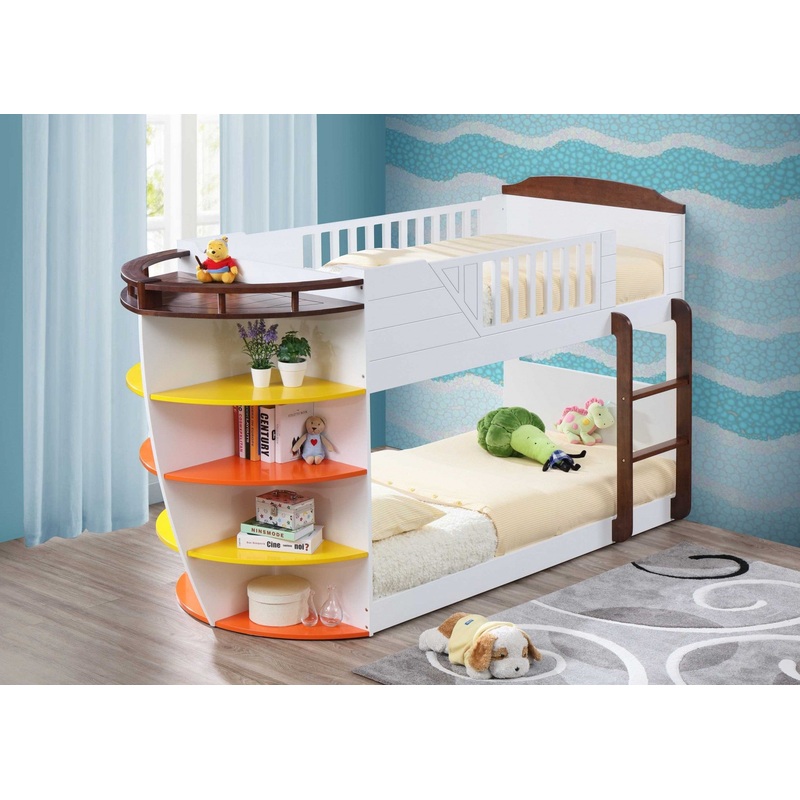 White And Chocolate Twin Over Twin Bunk Bed With Storage Shelf By Homeroots
