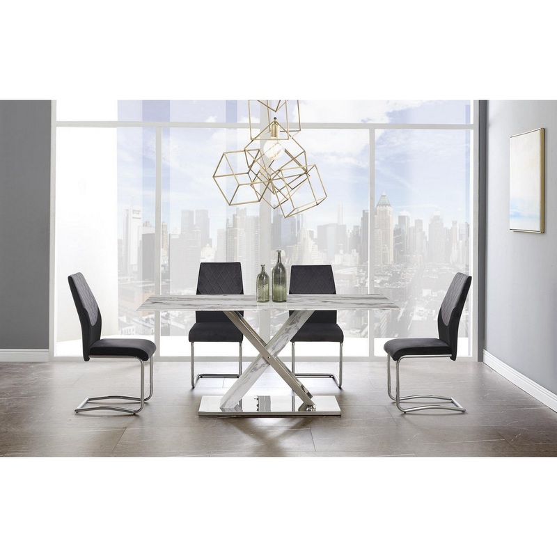Elegant Marble Glass Top Dining Table With X Base Stainless Steel Accents By Homeroots
